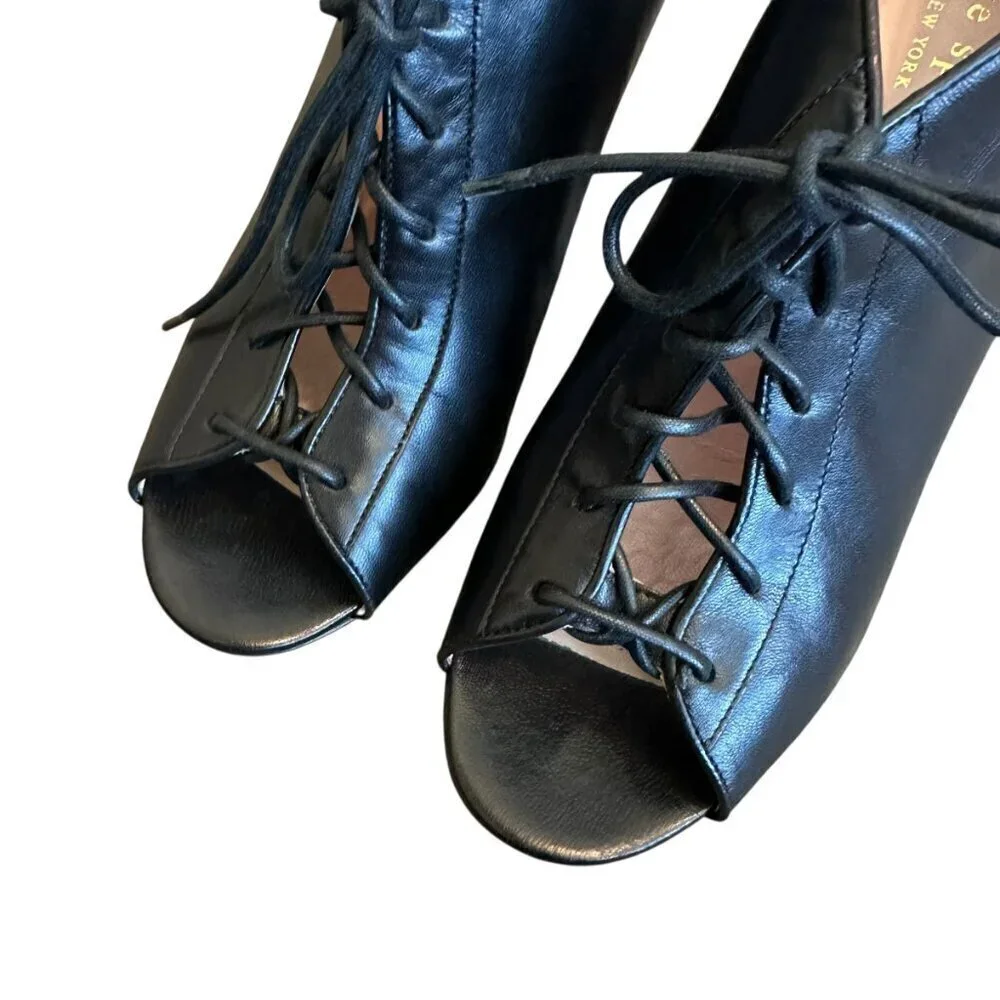 Kate Spade Inella Black Lace-Up Heels Sandals Booties Wood Size 7.5 Women's